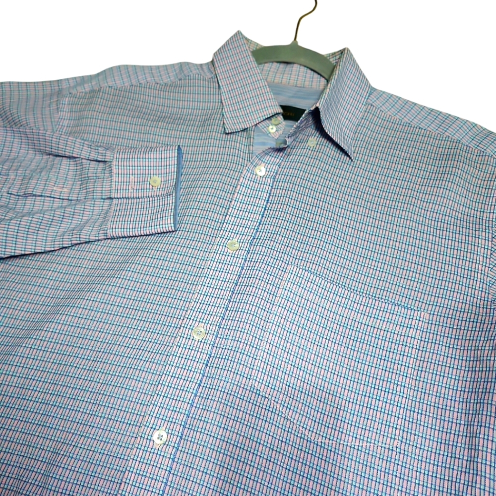 Bugatchi Men's Long Sleeve Pink and Blue Dress Shirt Size Large